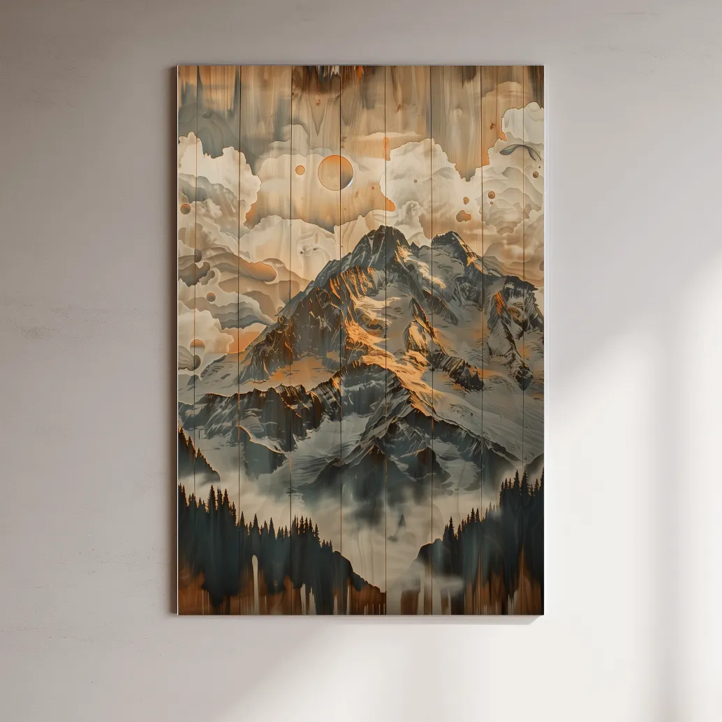 Rustic Glacier Mountain Range Artwork - Vintage Wood Grain Alpine Wall Art