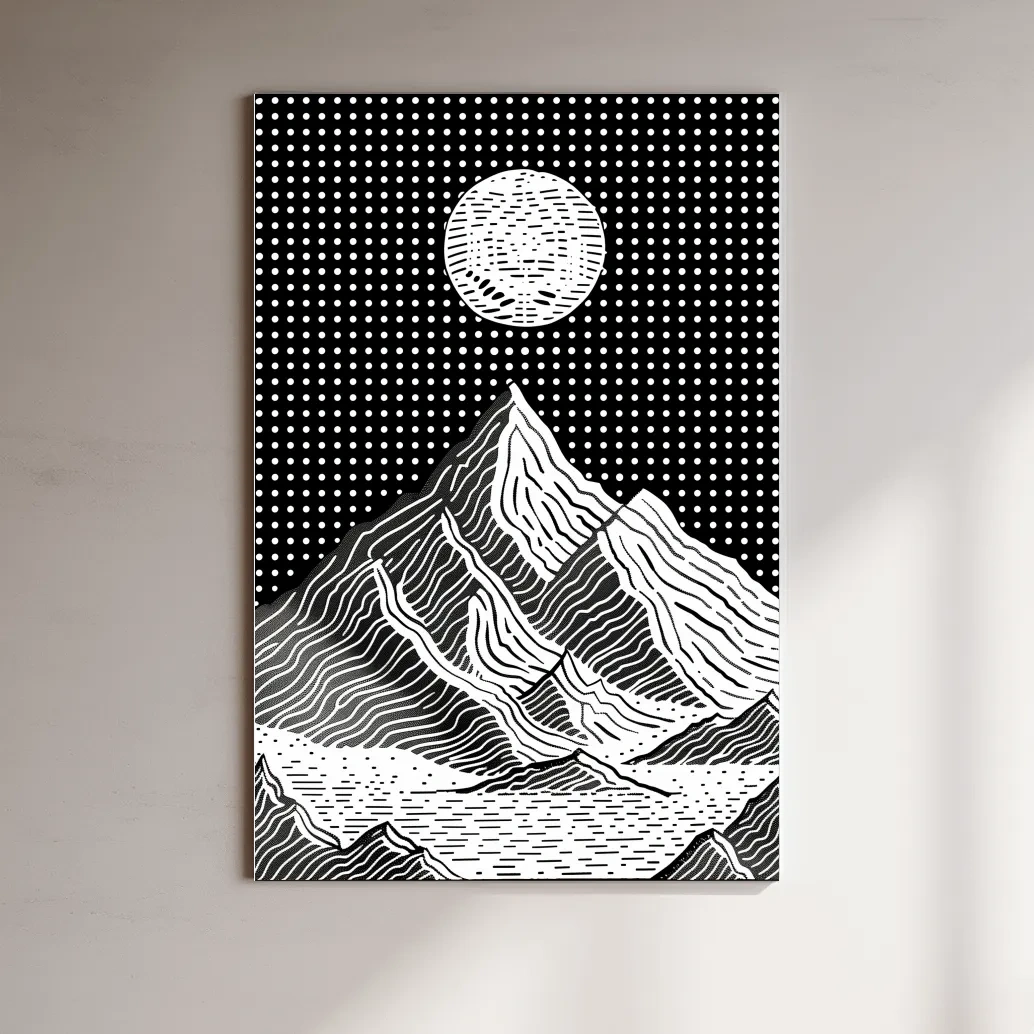 Glacier under the night sky, optical illusion linocut style mountain art