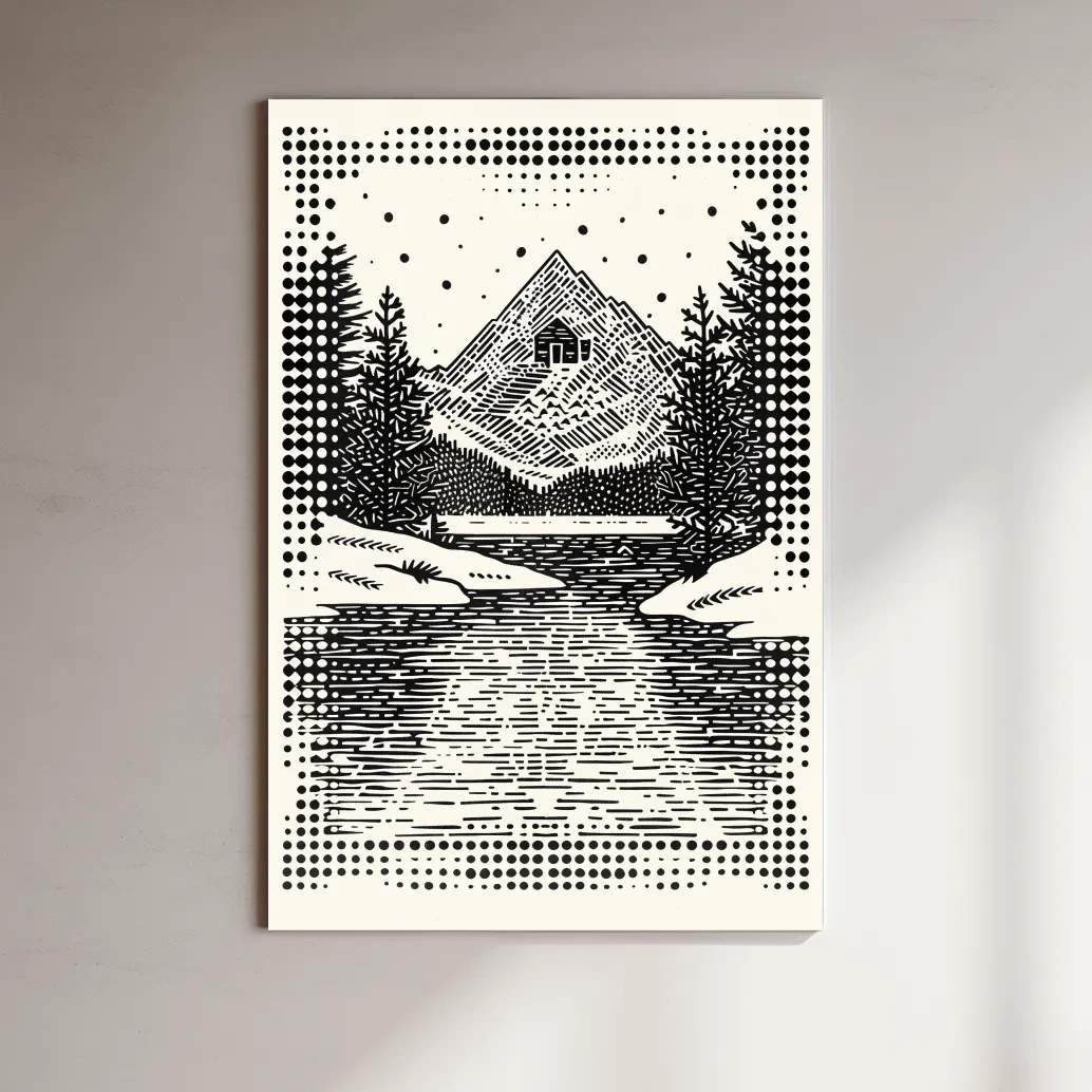 Alpine cabin artwork, linocut style optical illusion art