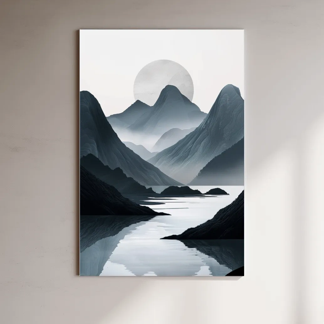 Black & white mountain artwork, view down a foggy valley and lake