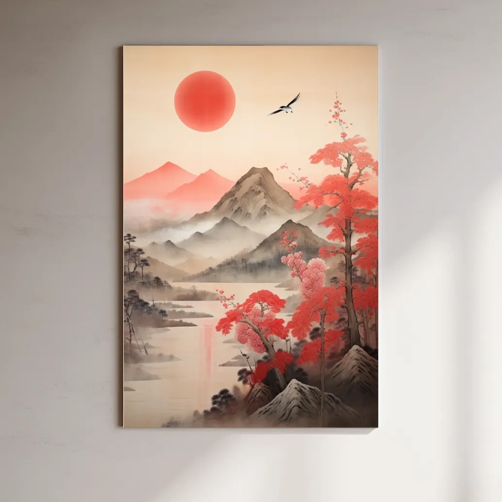Japanese Ink Wash Mountain Sunrise - Sakura Cherry Blossom Wall Art