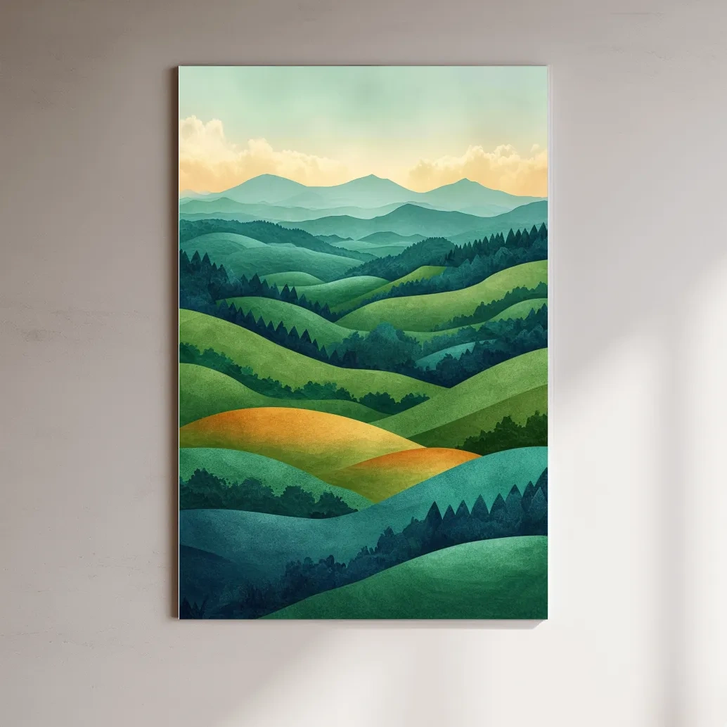 Layered Emerald Rolling Hills Landscape - Serene Scandinavian Nature Wall Art