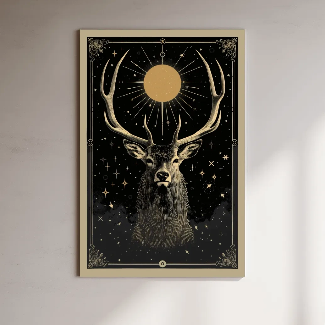 Elegant deer head under the night sky, tarot card style art