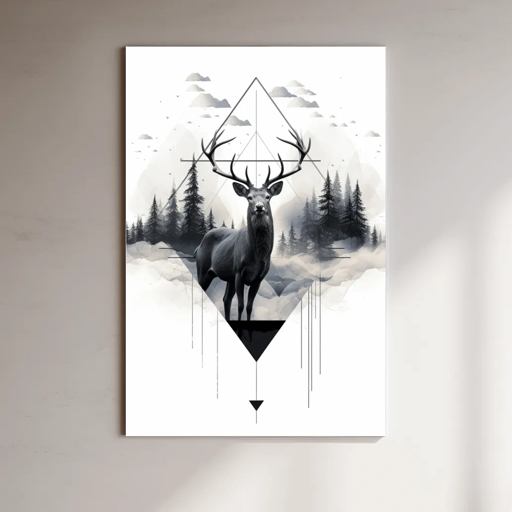 Tattoo inspired art, majestic deer in a misty forest