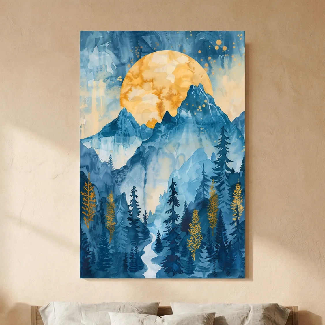 Alpine Sunset Watercolor Painting - Mountain Forest Landscape Wall Art
