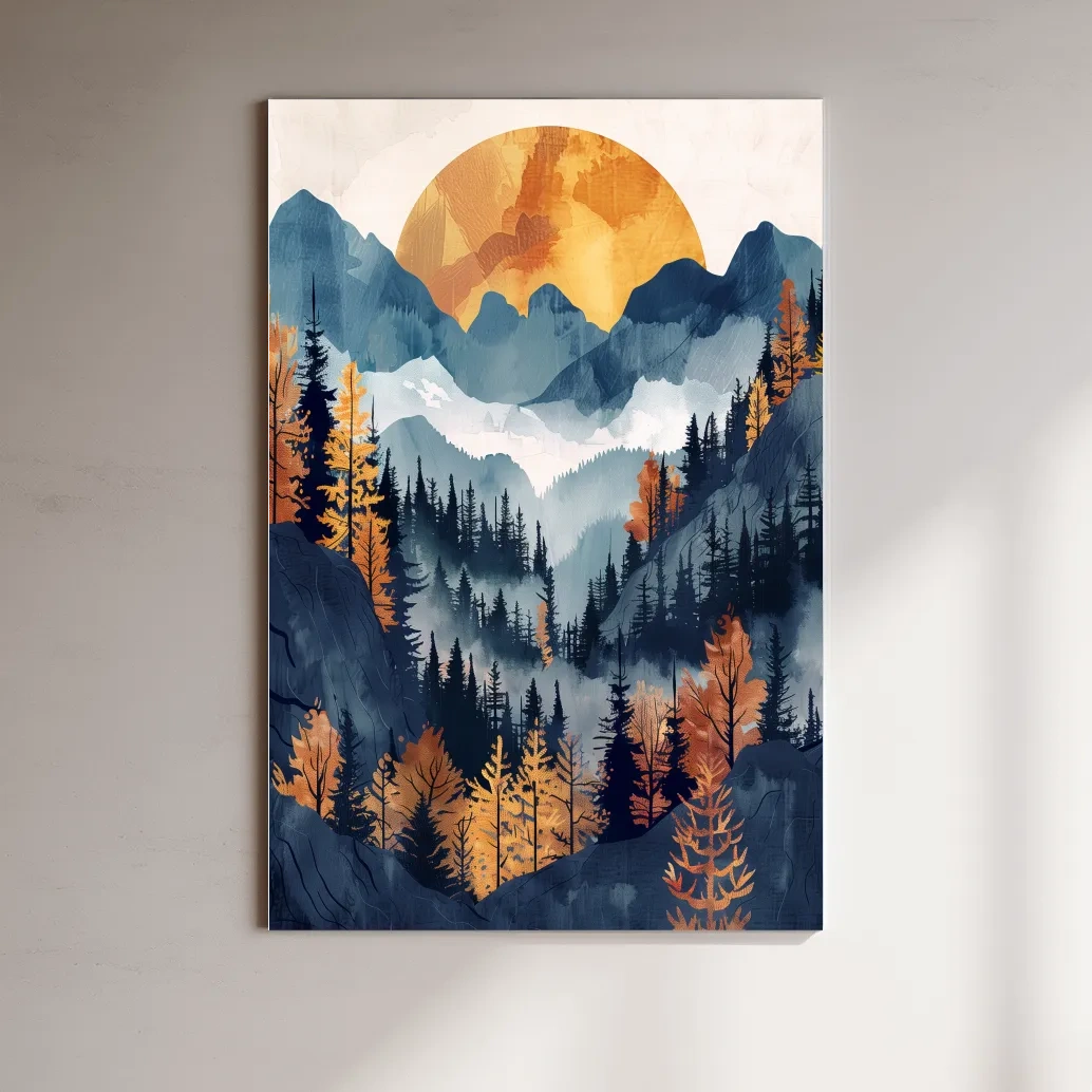 Foggy forest artwork, sunset over the mountains, textured watercolor style painting