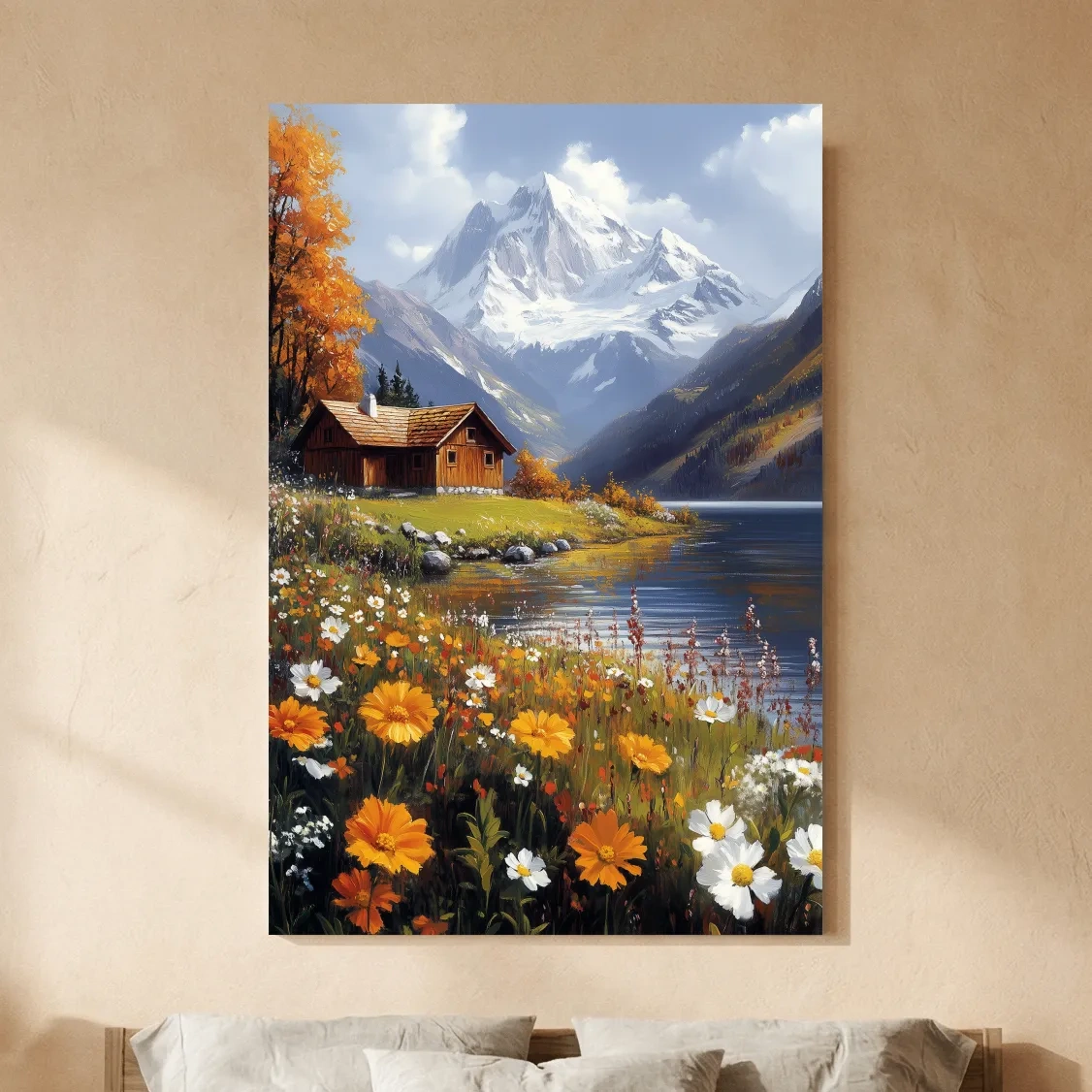 Autumn Alpine Lake Cabin Impressionist Painting - Snowcapped Mountain Wildflower Wall Art
