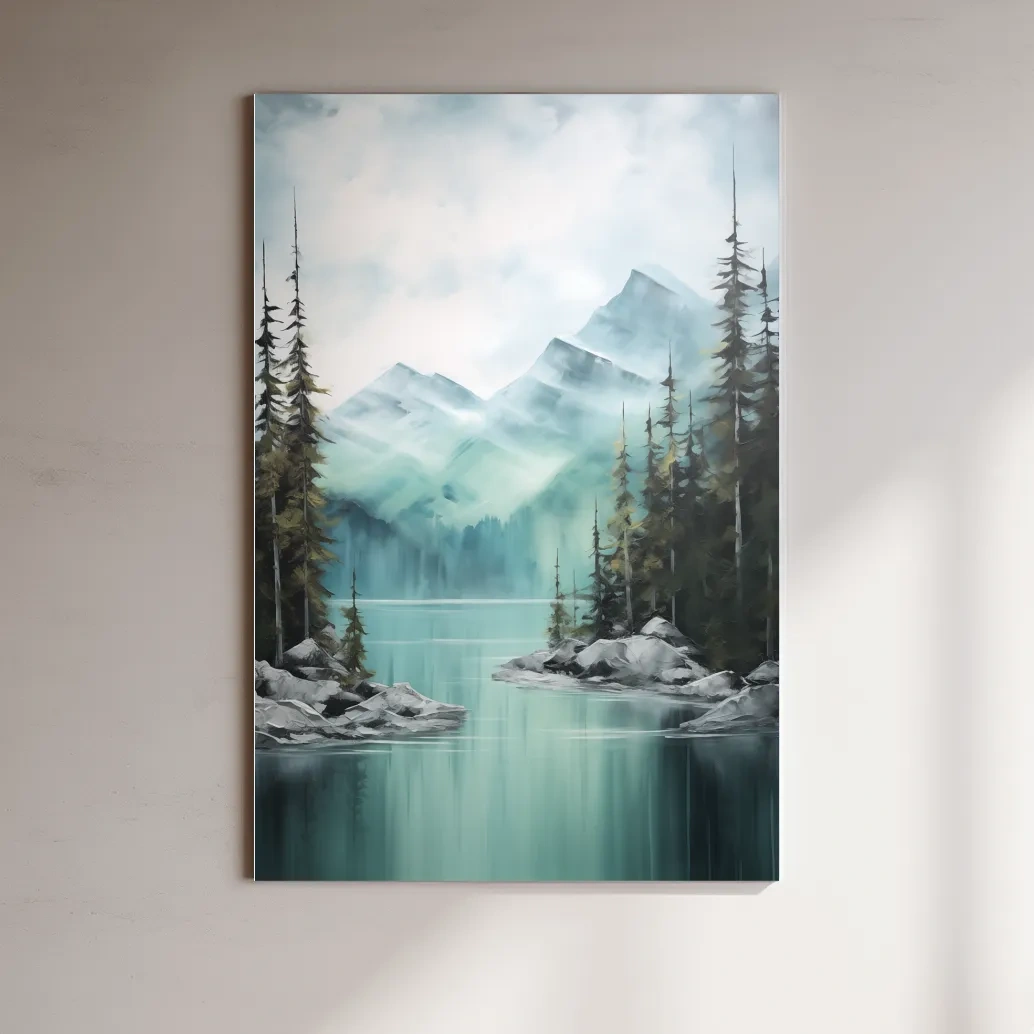 Misty Turquoise Mountain Lake Landscape - PNW Watercolor Forest Wall Art