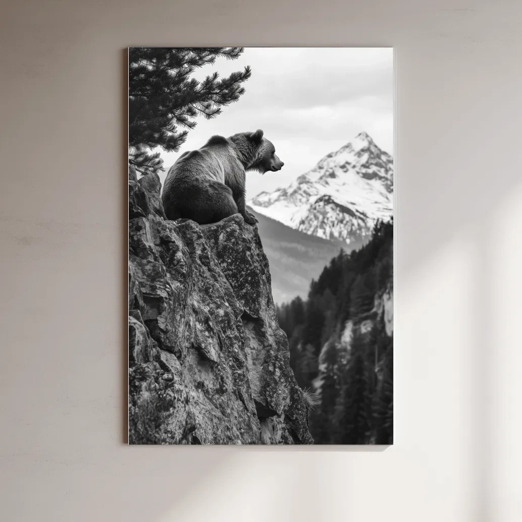 Grizzly bear taking in a mountain view, photographic wildlife wall art