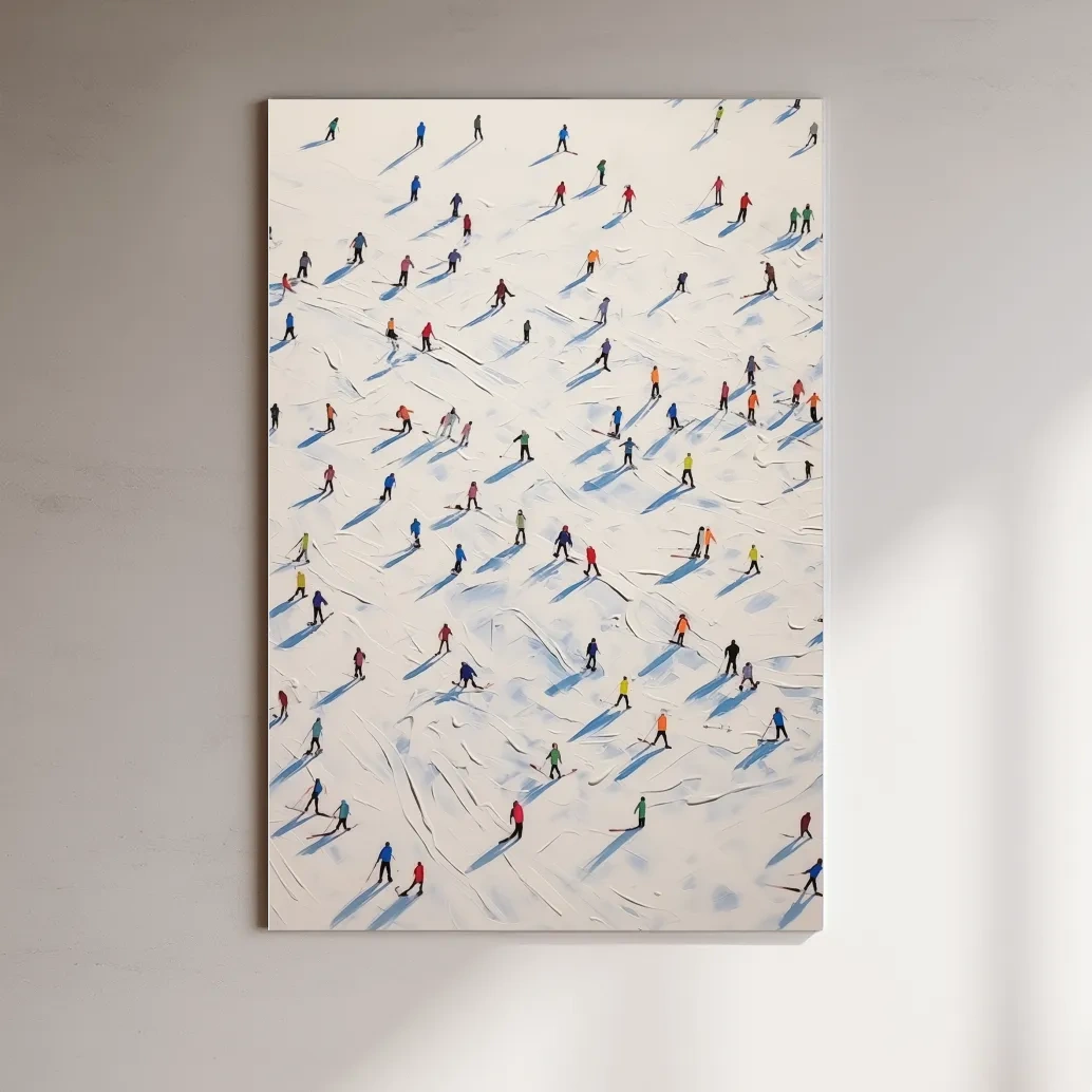 Lots of little skiers in a ski resort, textured painting effect