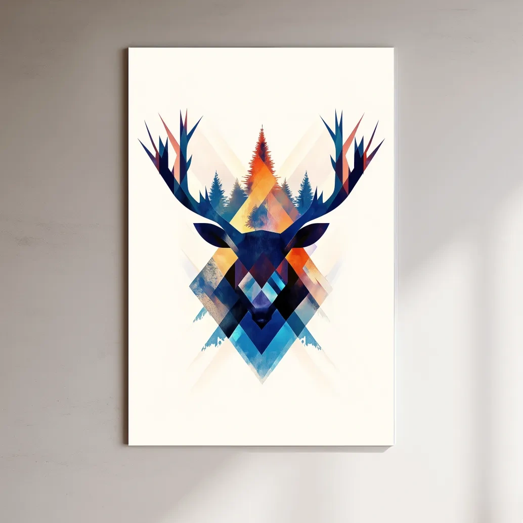 Geometric deer head wall art, colorful abstract tribal style artwork