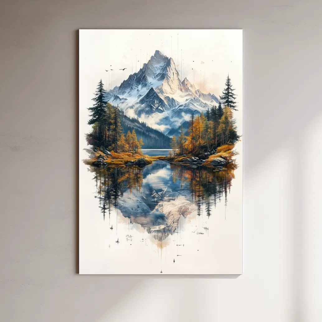 Alpine lake painting, tattoo inspired mountain glacier wall art
