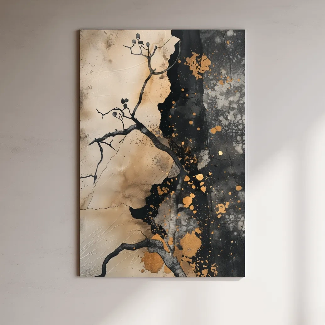 Ink Branch Silhouette With Gold Splatter - Modern Japandi Abstract Wall Art