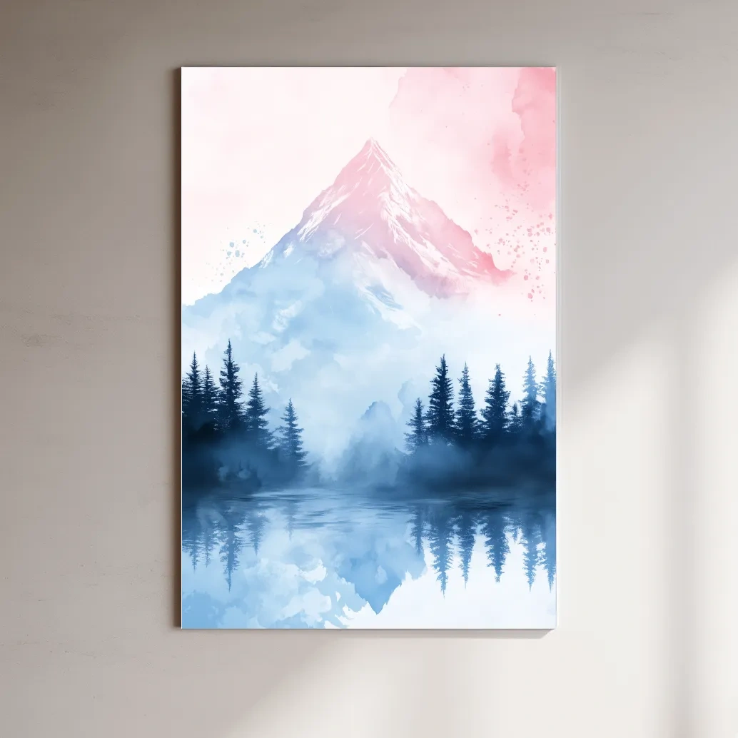 Pastel mountain watercolor painting, foggy forest by an alpine lake