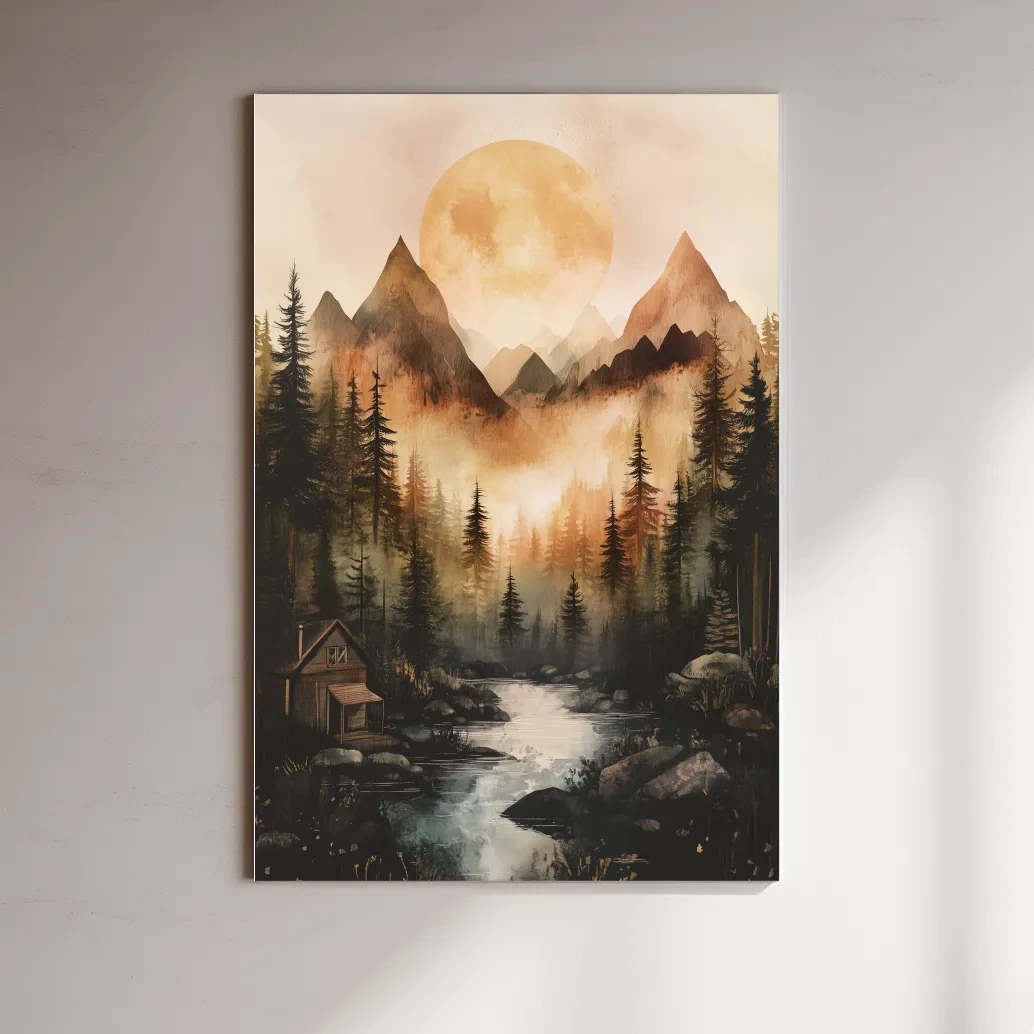 Alpine lake cabin painting, rustic watercolor effect, forest and mountains