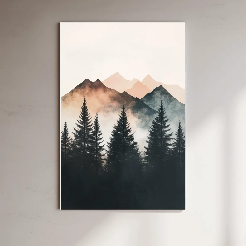Foggy alpine forest watercolor painting, mountain art