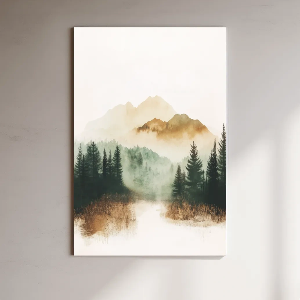 Misty Watercolor Mountain Lake & Pine Forest - Serene Nature Landscape Wall Art