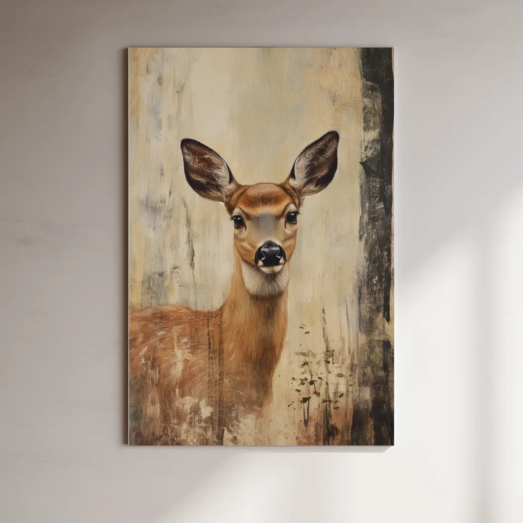 Rustic Whitetail Fawn Portrait Painting - Woodland Wildlife Wall Art