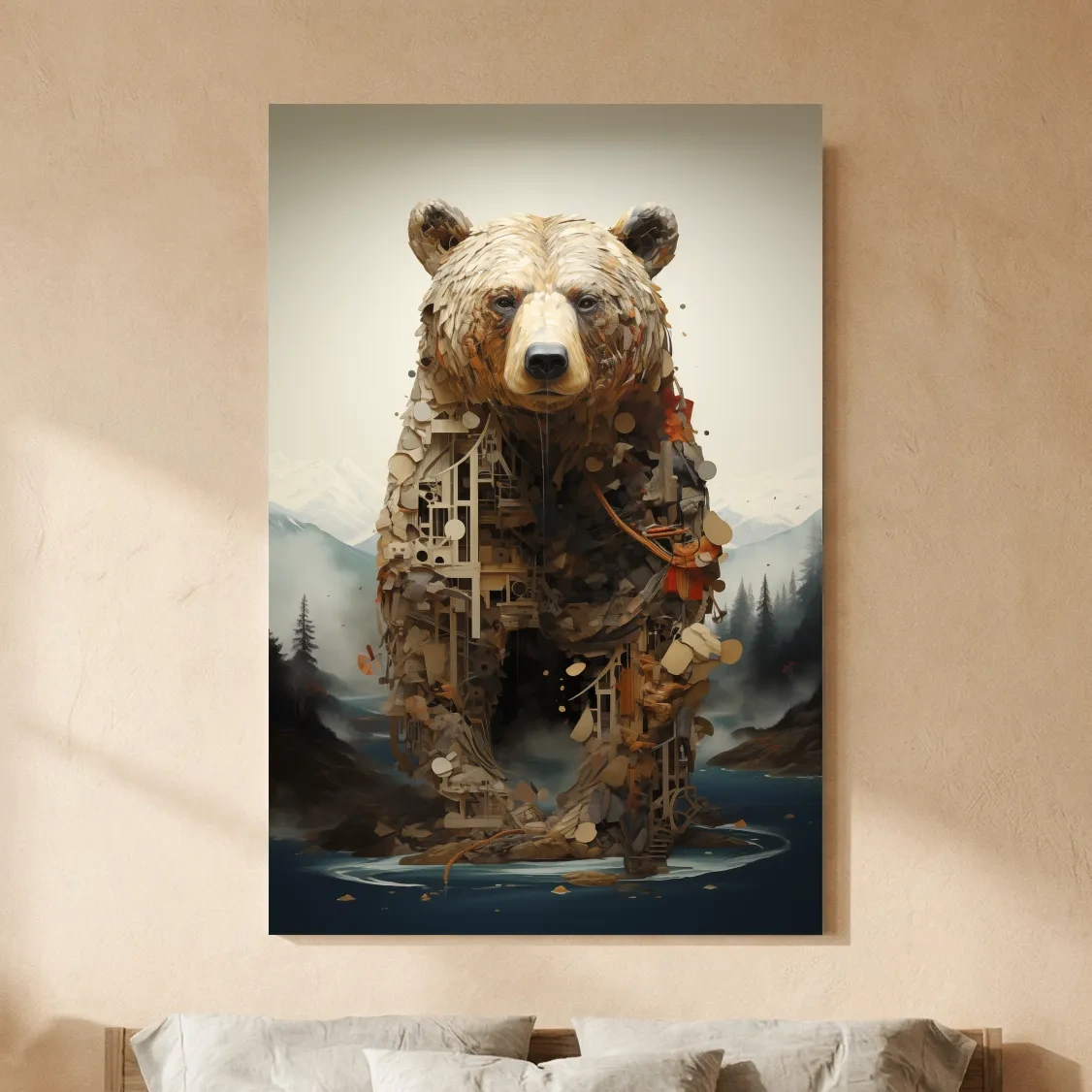 Surreal Grizzly Bear Collage Illustration - MC Escher Style Wildlife Wall Art