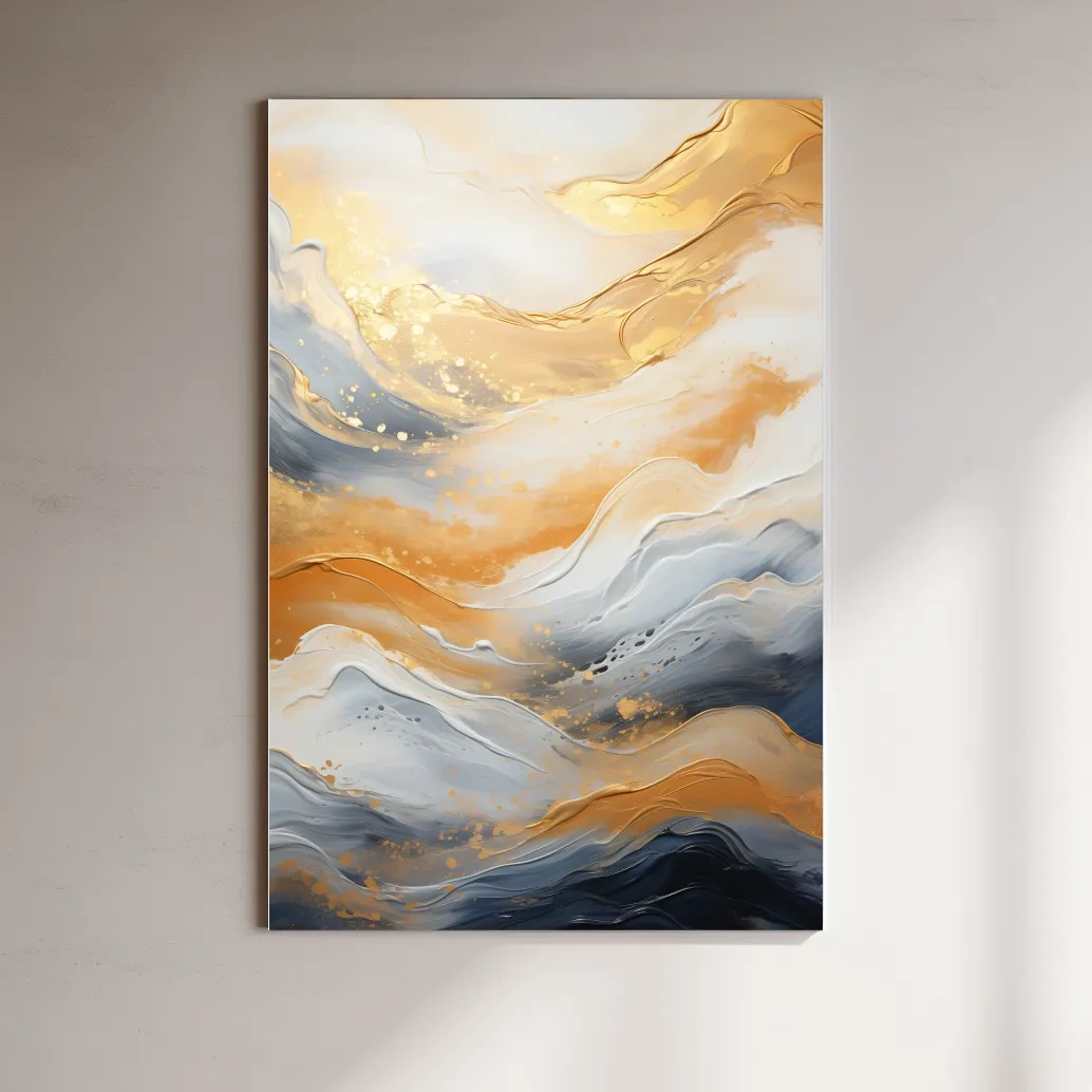 Golden abstract mountain wall artwork, swirling style painting