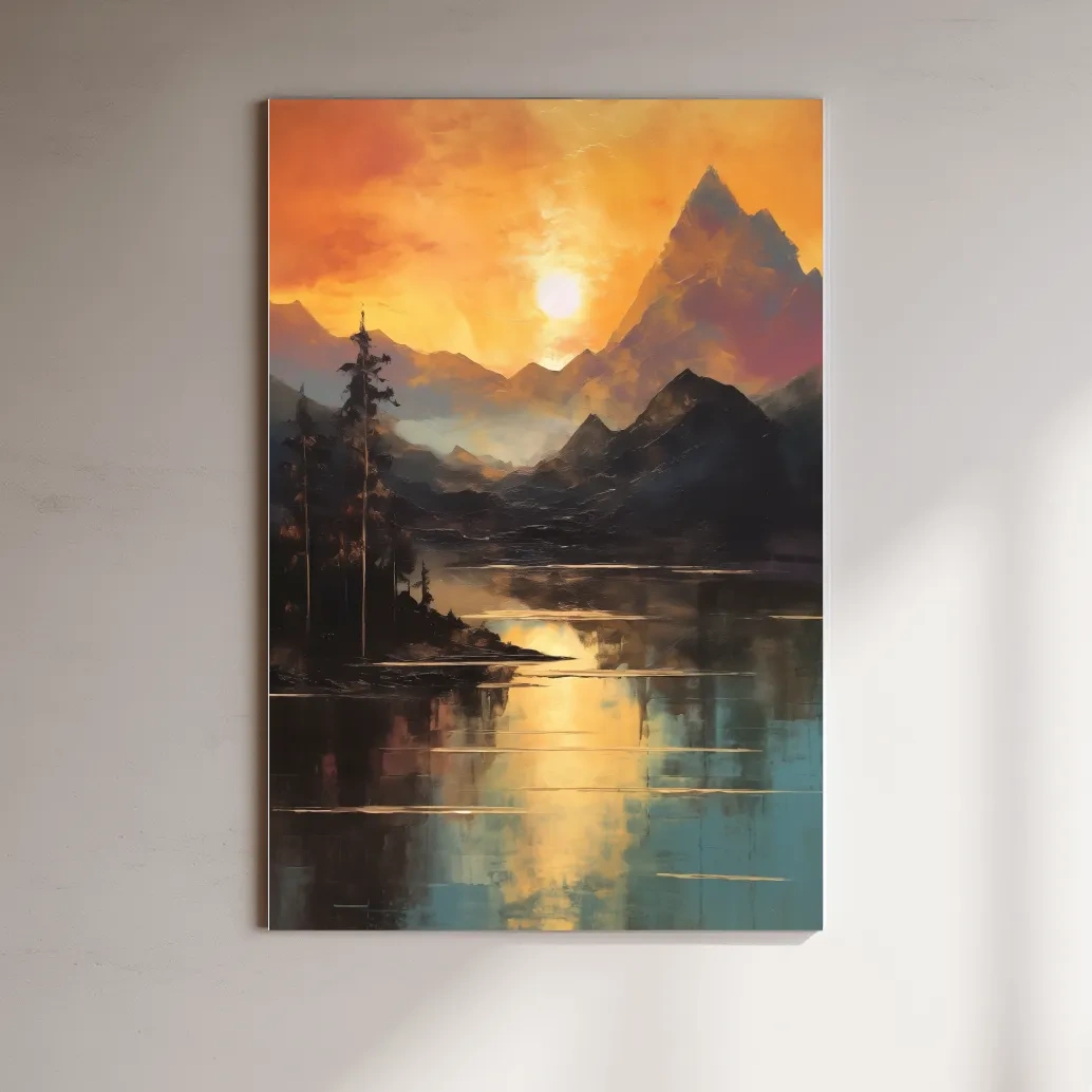 Sunrise mountain lake artwork, oil painting print wall art