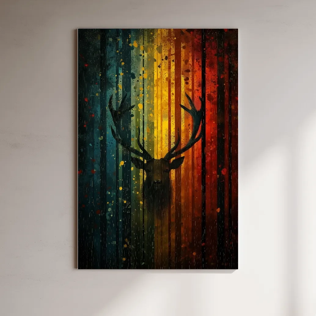Abstract deer in a forest silhouette artwork, rainbow colours