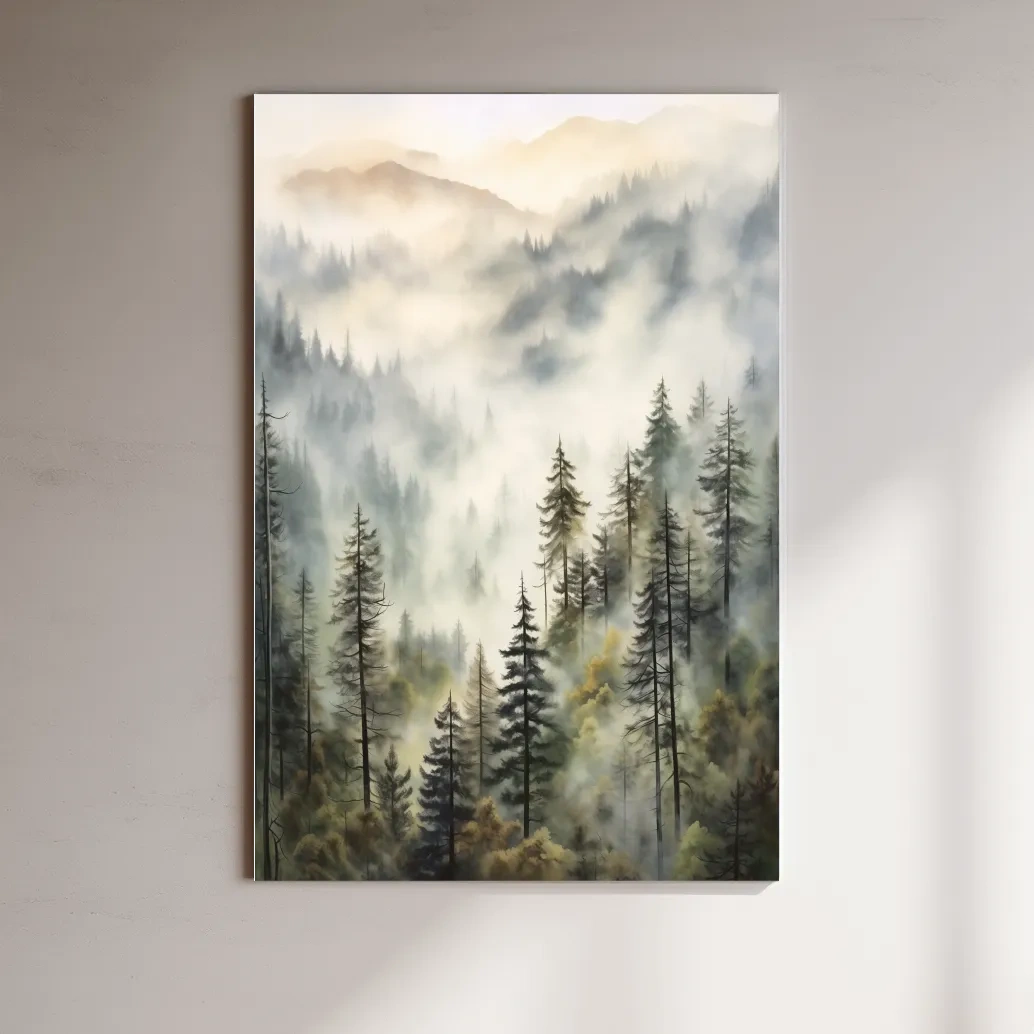 Misty Pine Forest Mountains Watercolor - Serene Foggy Landscape Wall Art