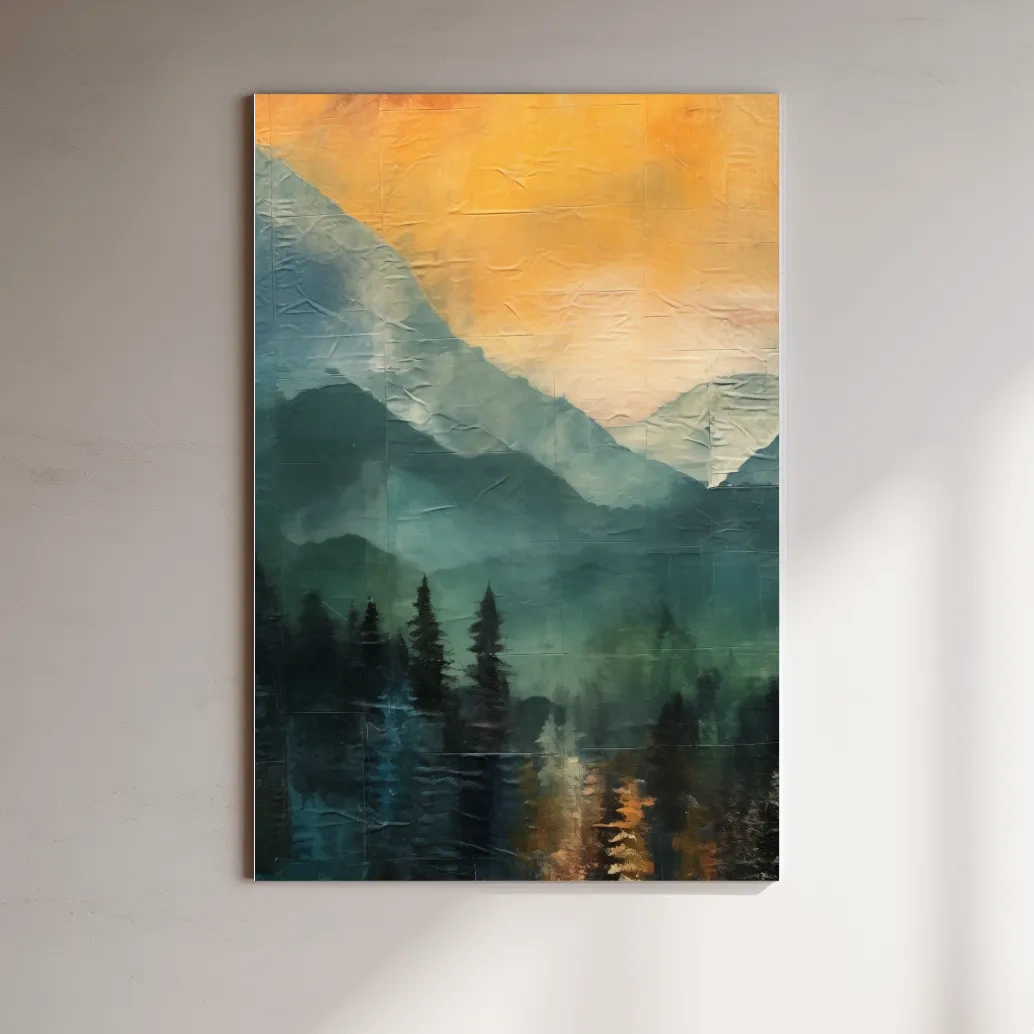 Rustic textured style art, mountains at sunset