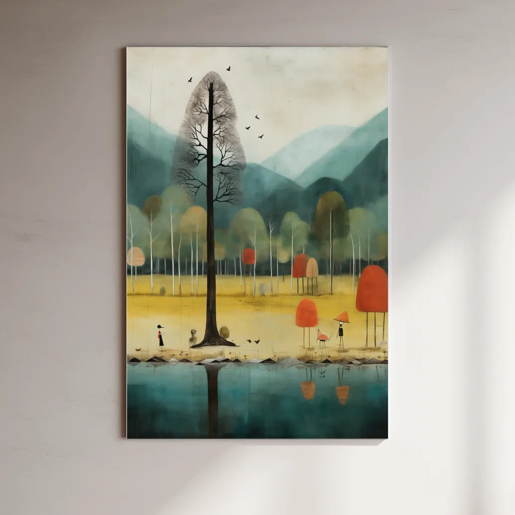 Whimsical Autumn Forest Lake Landscape - Quirky Nature Wall Art