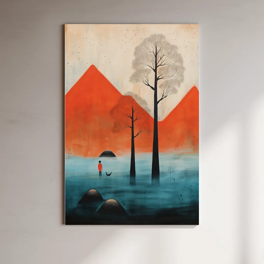 Surreal mountain artwork,rustic textured painting effect, dreamlike landscape wall art