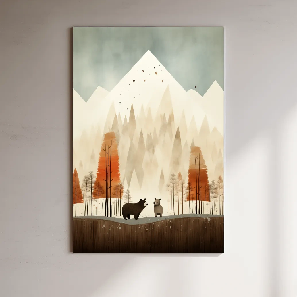 Bears in the forest in autumn, quirky childrens art illustration
