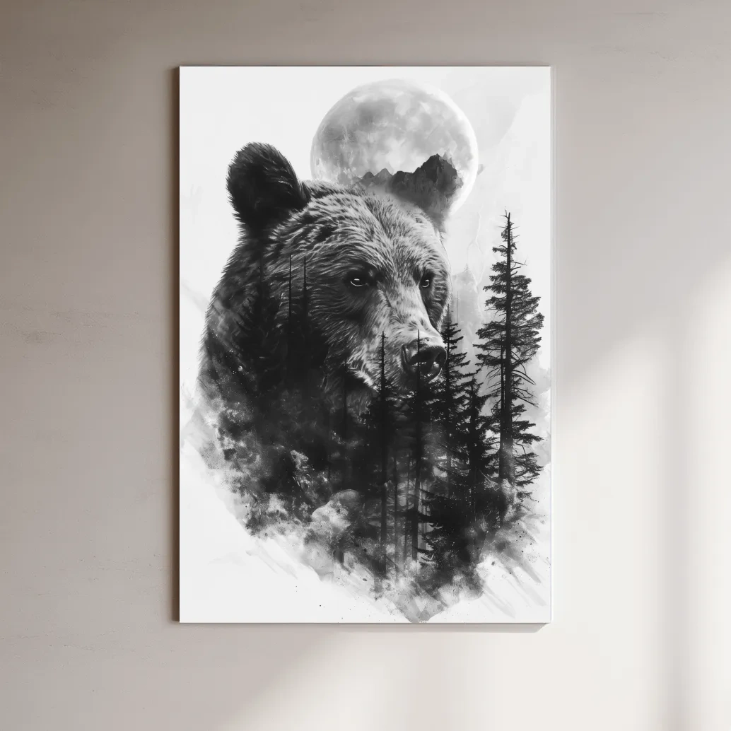 Grizzly Bear Moon Forest Drawing - Black And White Double Exposure Wildlife Wall Art