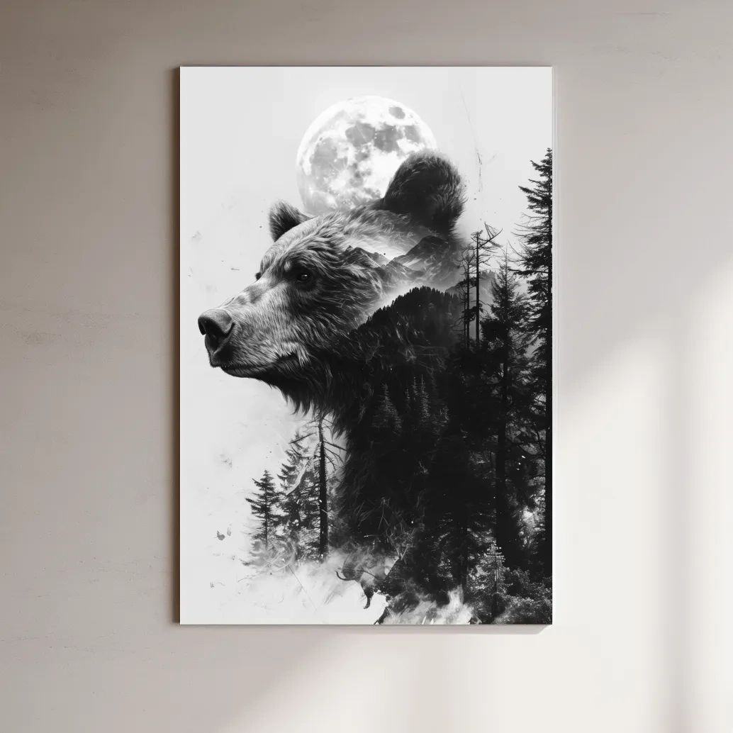Grizzly Bear Double Exposure Drawing - Moonlit Pine Forest Wildlife Wall Art