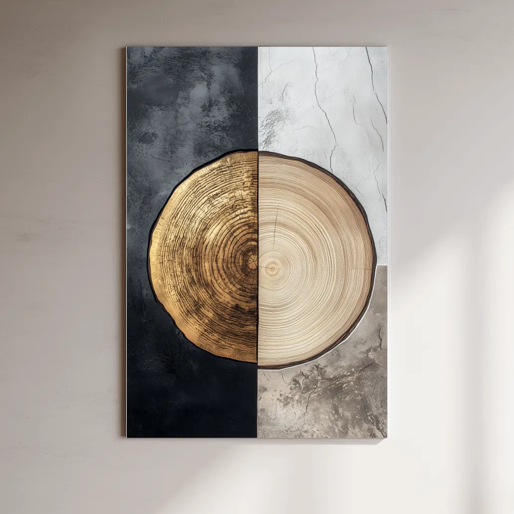 Rustic bohemian style tree ring artwork, split texture wood wall art