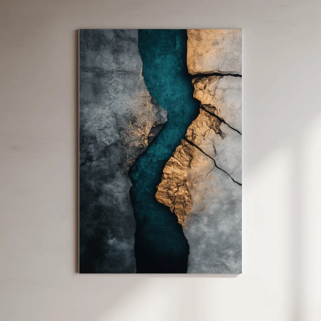 Teal River Canyon With Cracked Stone Texture - Modern Abstract Geode Wall Art