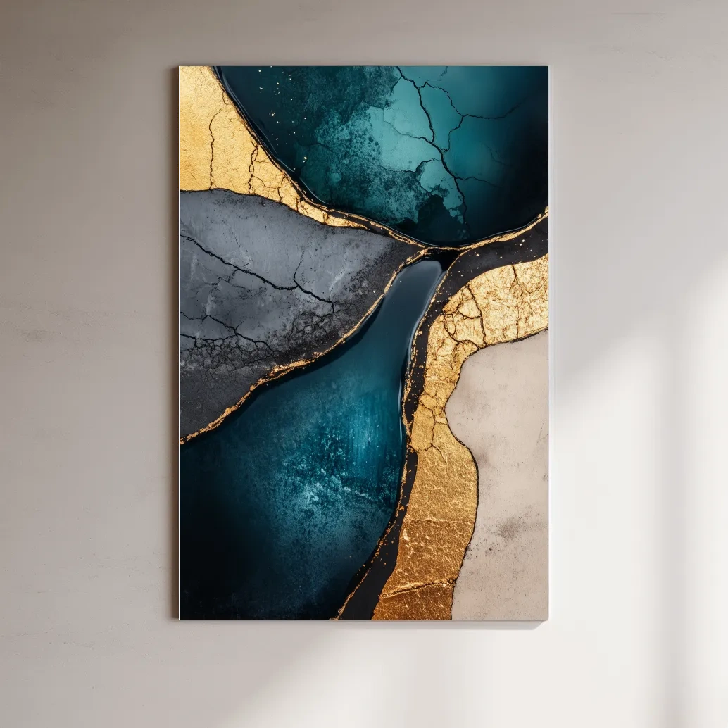 Teal Gold Geode Resin Abstract - Elegant Metallic Marble Wall Art