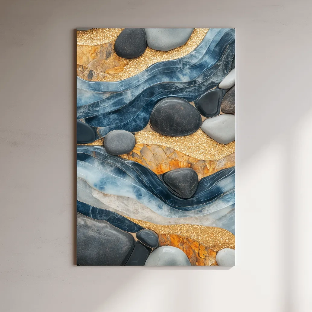 Abstract Blue River Stone Mosaic - Modern Pebble Texture Wall Art
