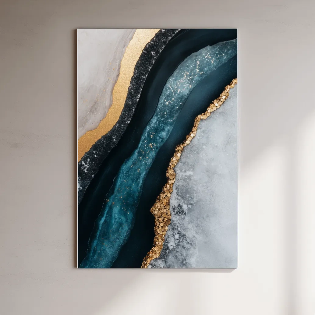 Elegant abstract geode artwork, blue and gold natural textured wall art