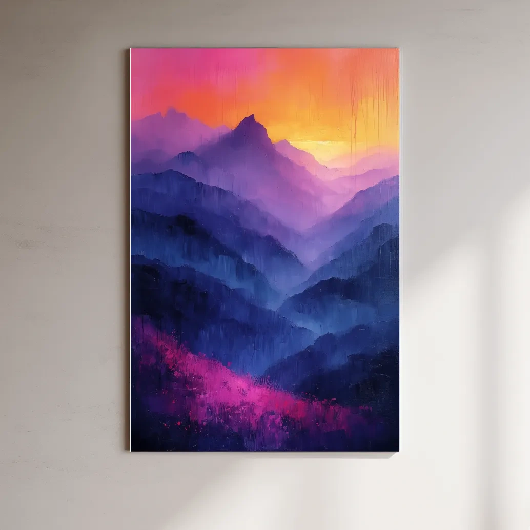 Colorful mountain sunset artwork, vibrant oil painting effect