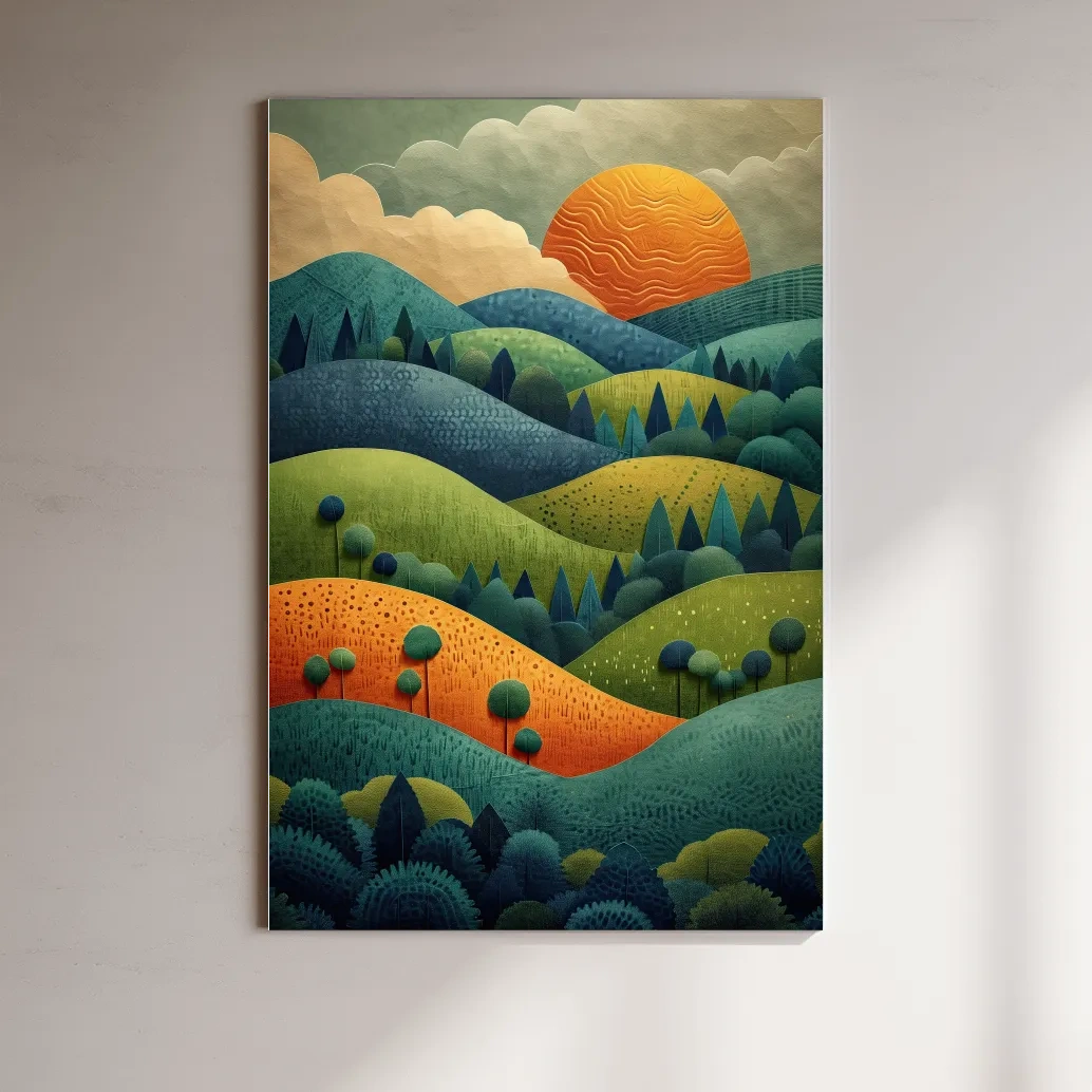 Rolling hills and trees at sunset mountain artwork, 3d layered paper cutout effect