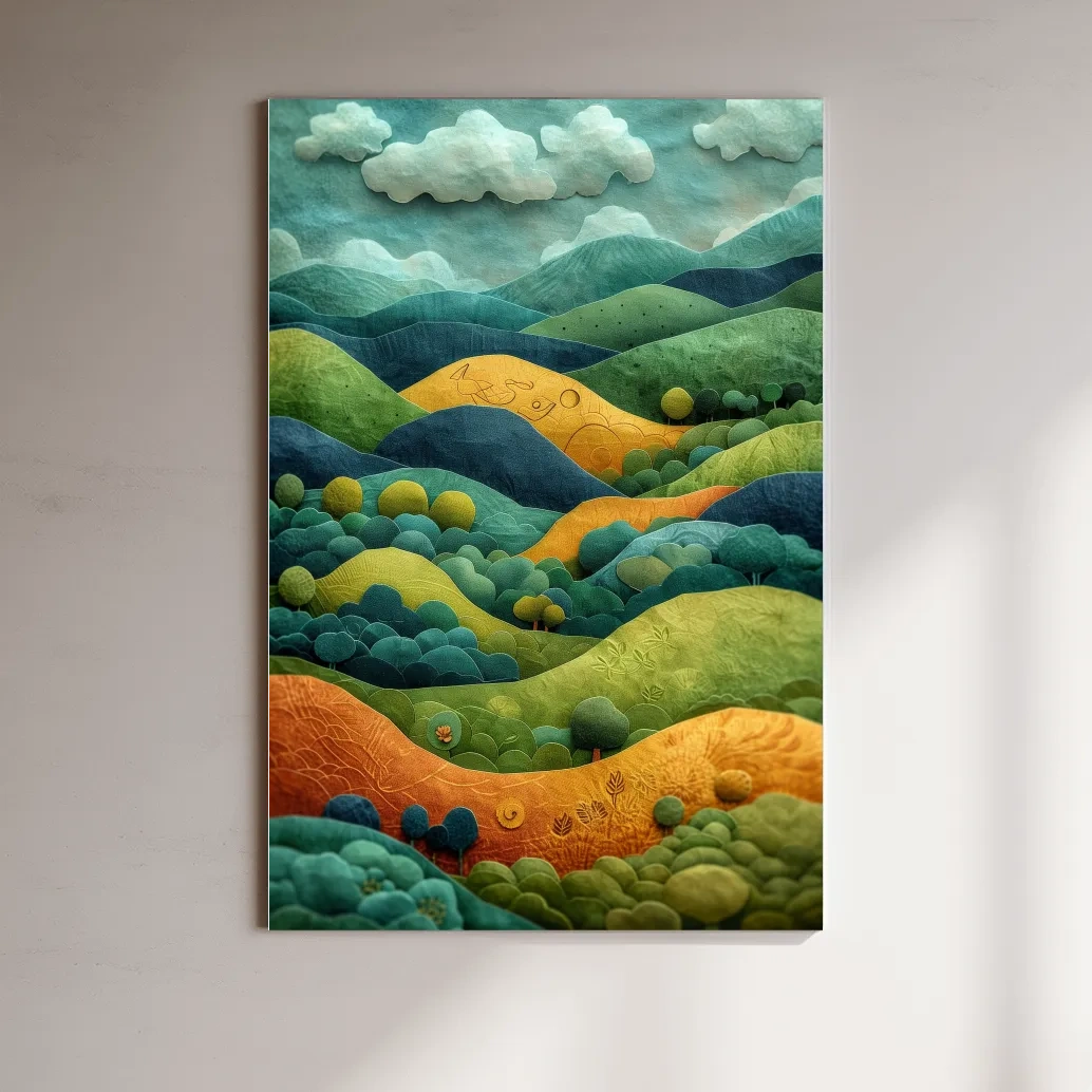 3D Layered Paper Cut Style Mountain Artwork - Whimsical Surreal Landscape Wall Art