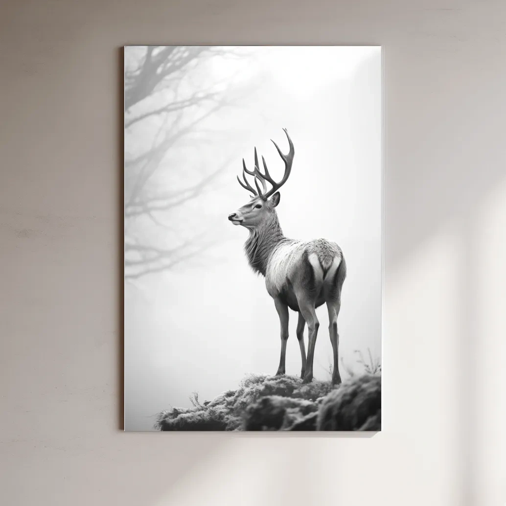 Black and white photograph of a majestic deer on a winter morning, serene wildlife artwork