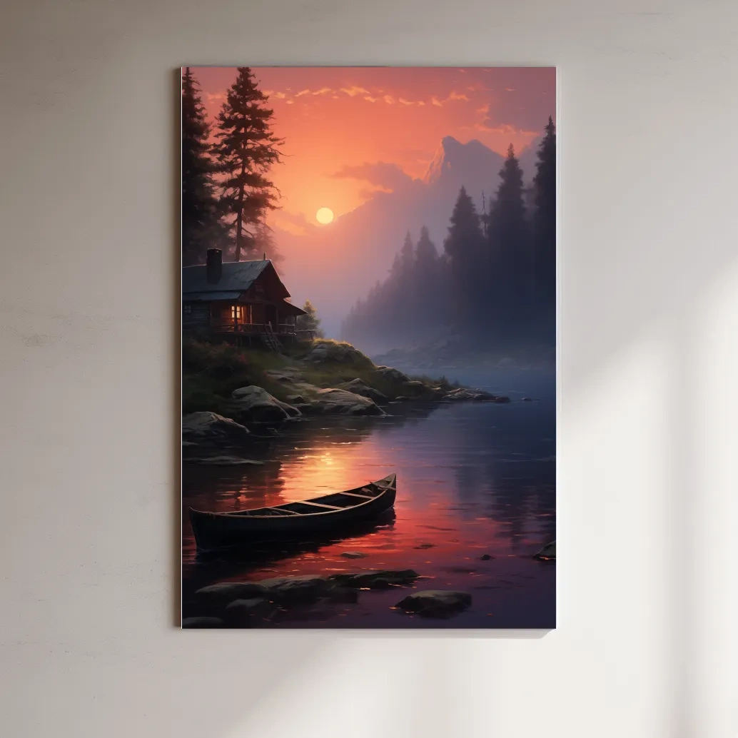 Beautiful painting of a cabin on a misty lake at sunset