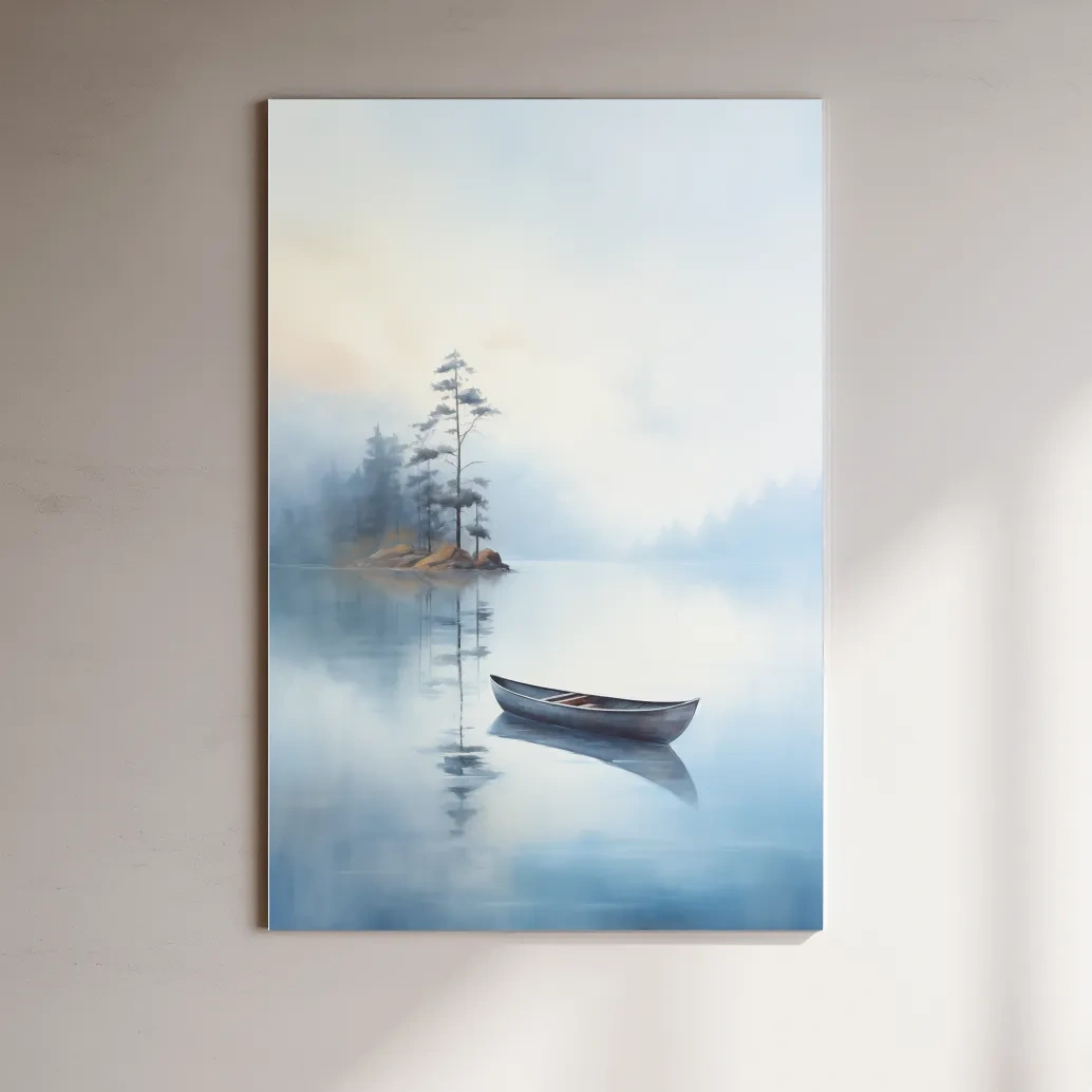 Misty Lake Canoe Painting - Serene Minimalist Watercolor Wall Art