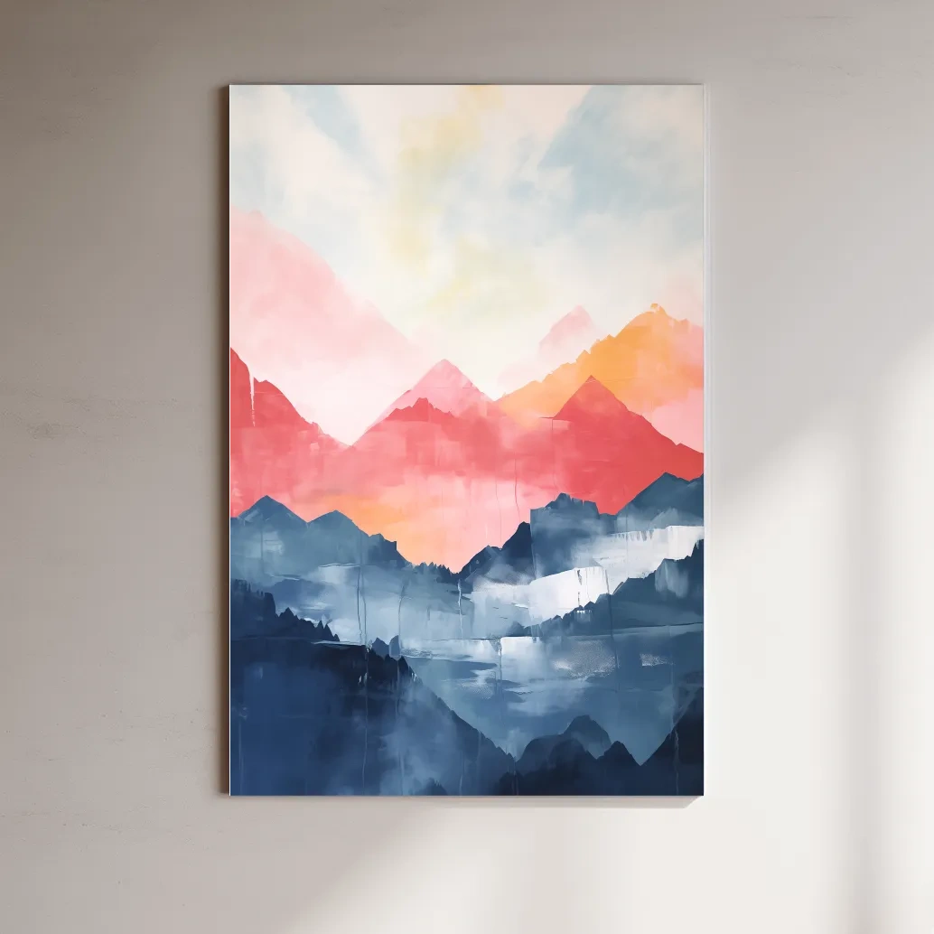 Colorful abstract mountain wall art, vibrant watercolor style painting