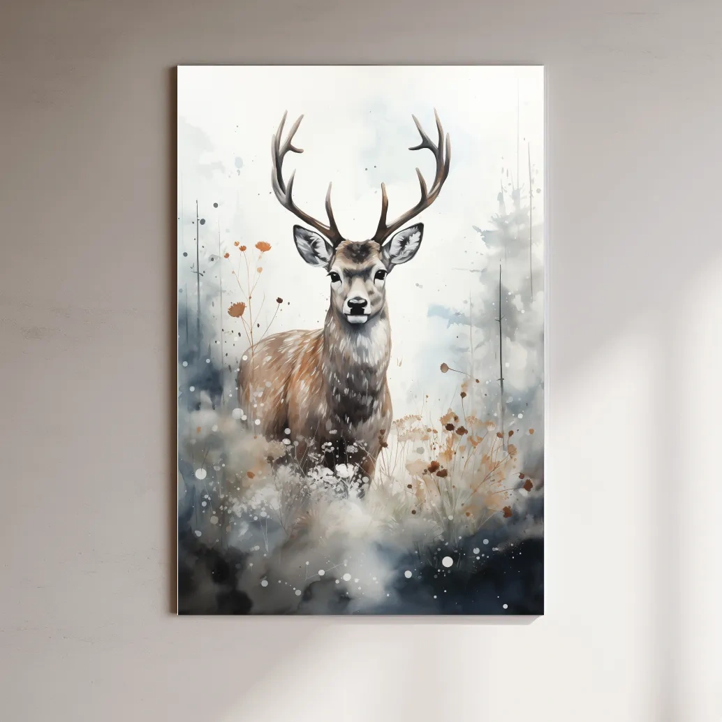 Rough textured watercolour painting of a deer buck standing in the forest