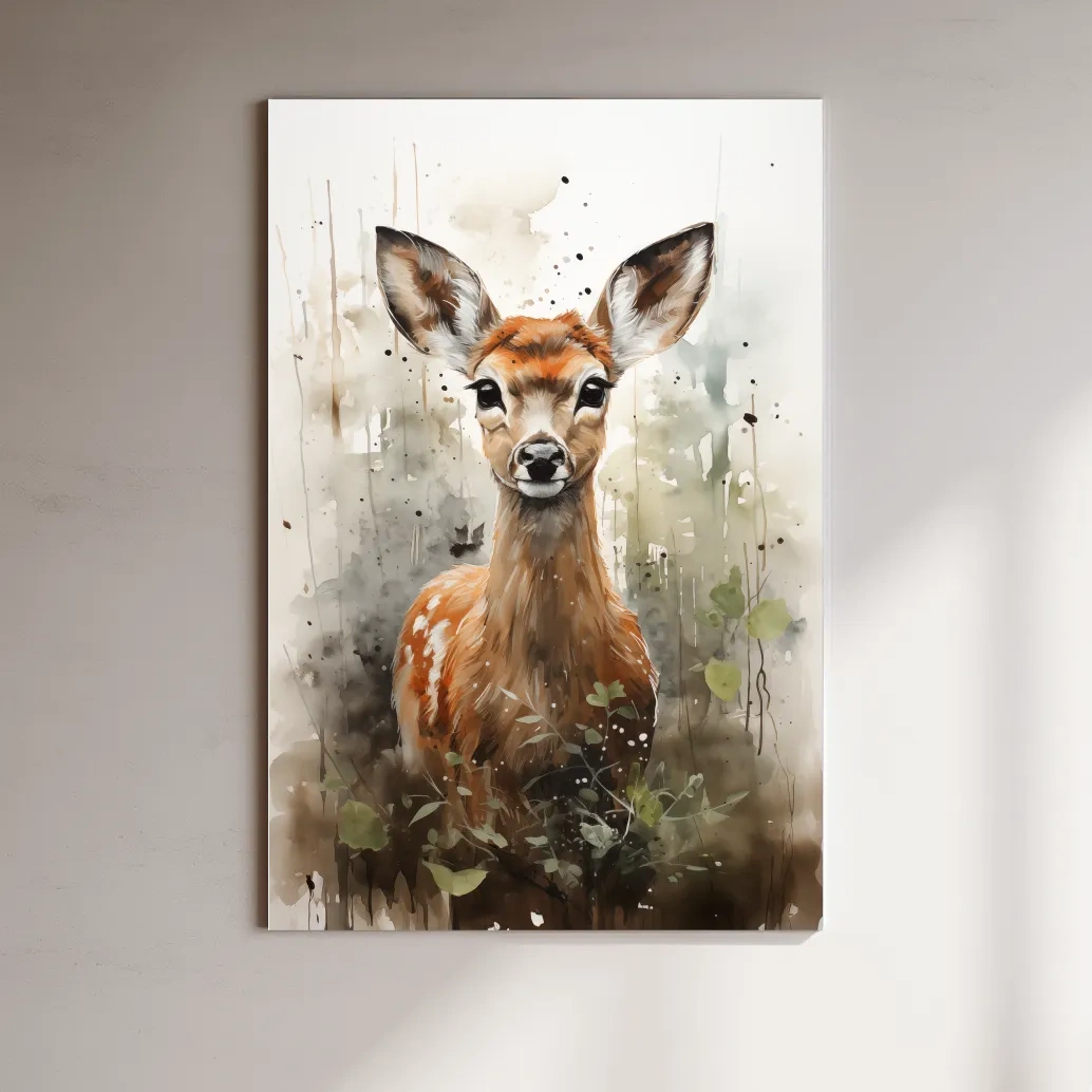 Watercolor fawn wall art, delicate forest setting artwork