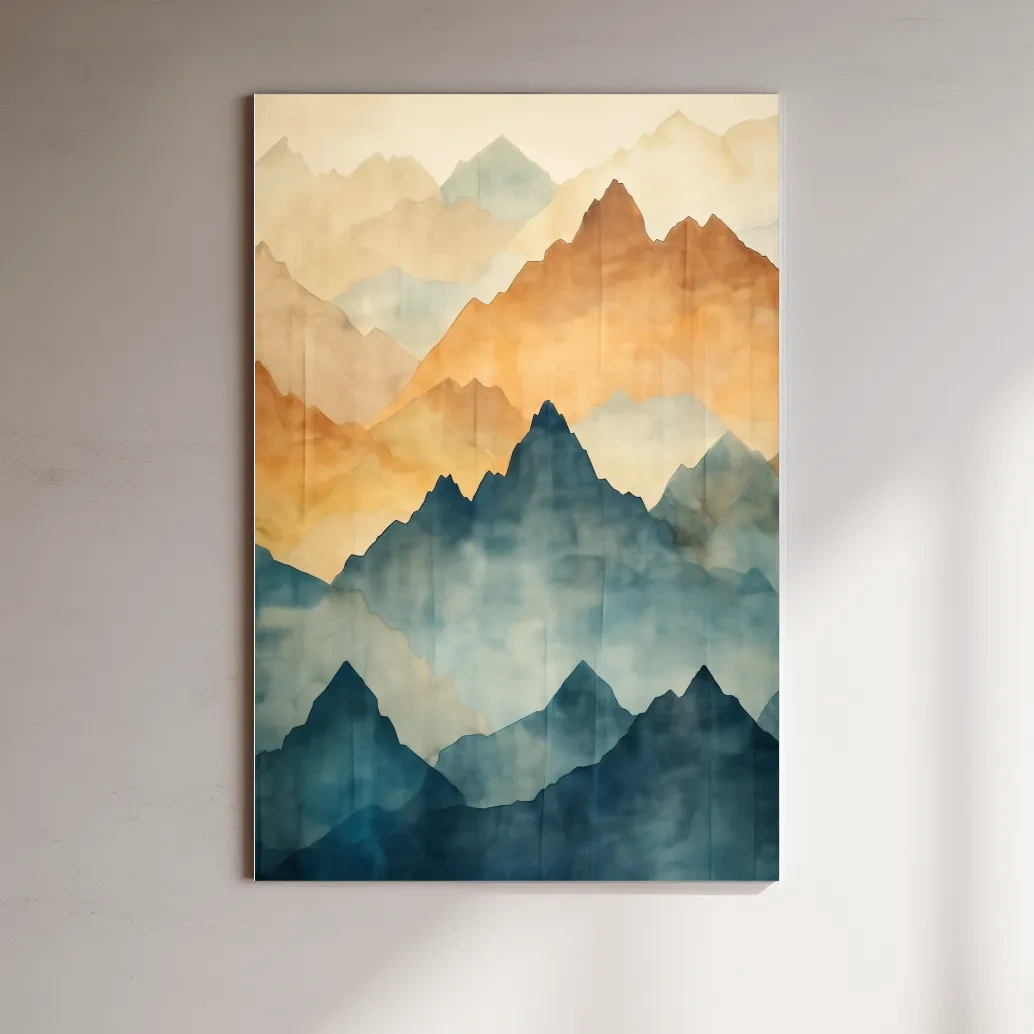 Textured effect watercolour painting of mountain ridgelines in the fog
