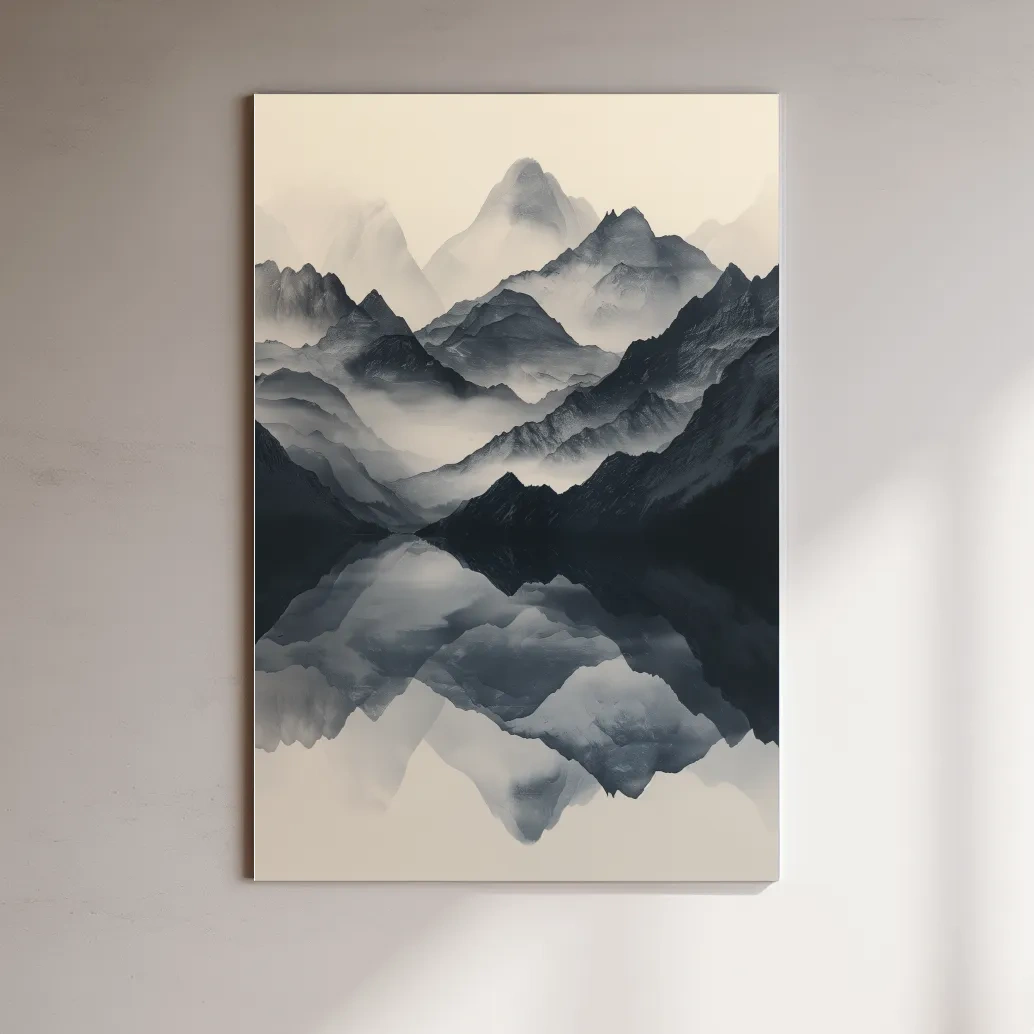 Japandi style mountain artwork, reflective mountain ranges