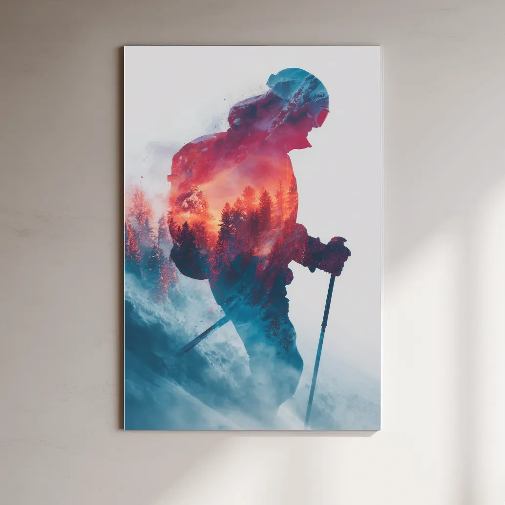 Skiing photography wall artwork, vibrant double exposure sunset and forest scene